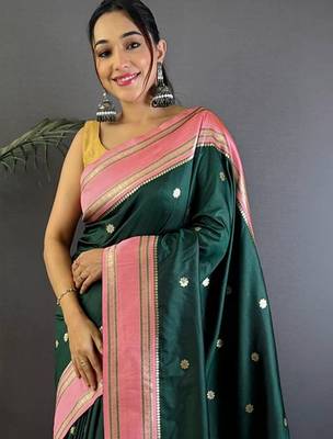 Green floral zari silk blend designer banarasi saree 4