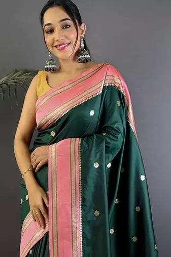 Green floral zari silk blend designer banarasi saree