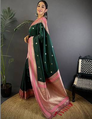 Green floral zari silk blend designer banarasi saree 5