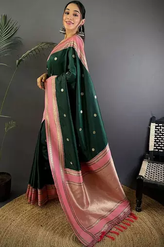 Green floral zari silk blend designer banarasi saree