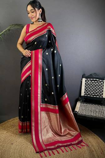 Black floral zari silk blend designer banarasi saree