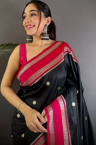 Black floral zari silk blend designer banarasi saree