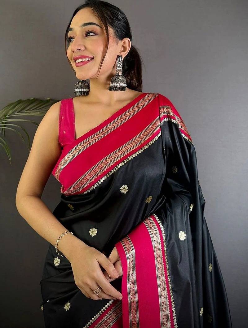 Black floral zari silk blend designer banarasi saree