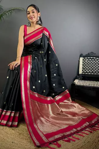 Black floral zari silk blend designer banarasi saree