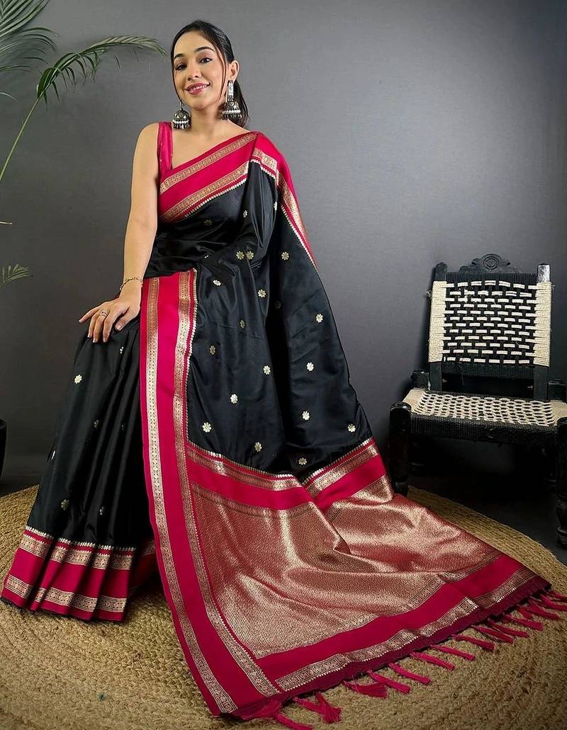 Black floral zari silk blend designer banarasi saree