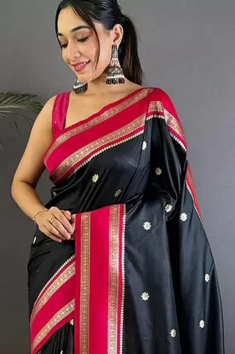 Black floral zari silk blend designer banarasi saree