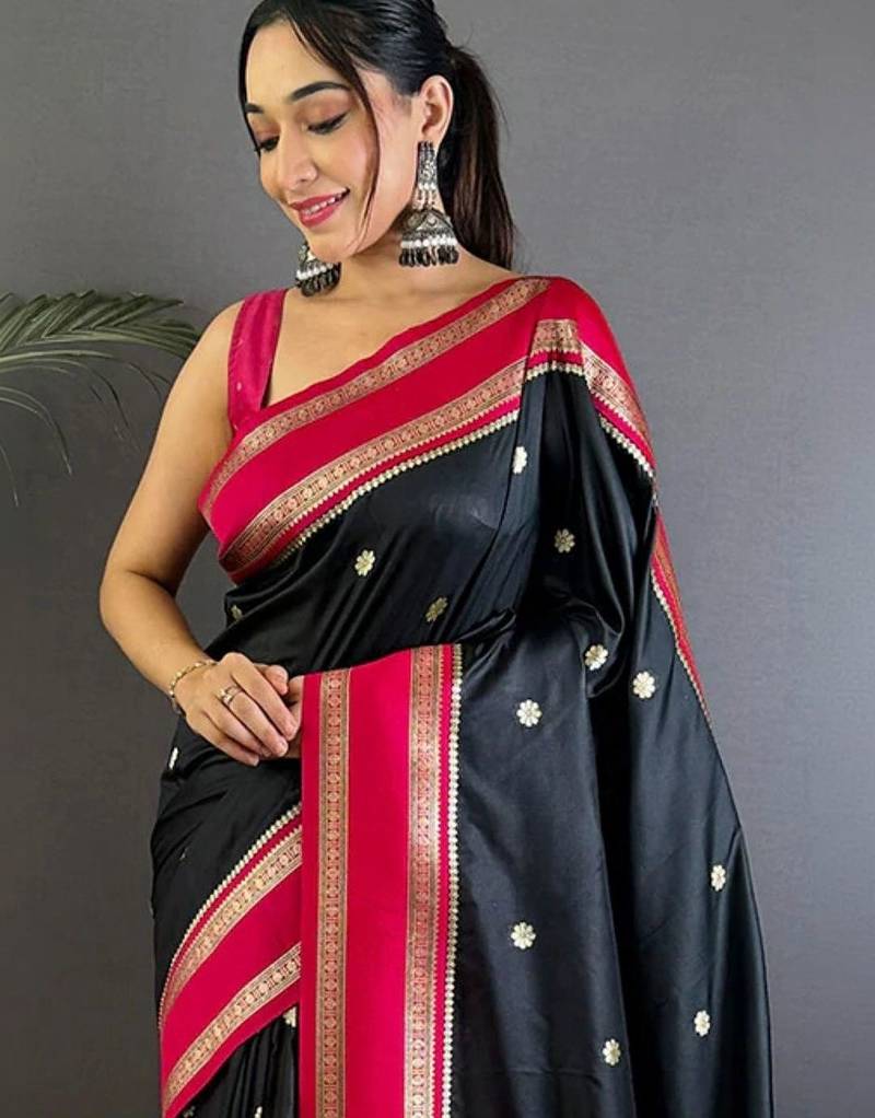 Black floral zari silk blend designer banarasi saree