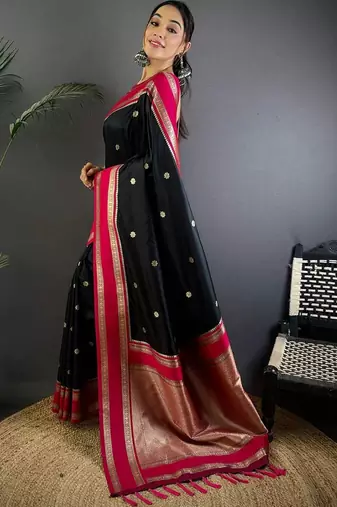 Black floral zari silk blend designer banarasi saree