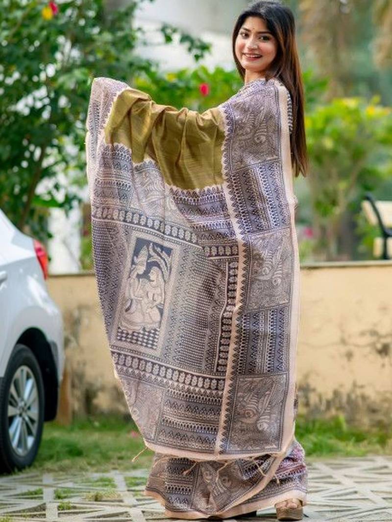 Olive  madhubani olive sarees