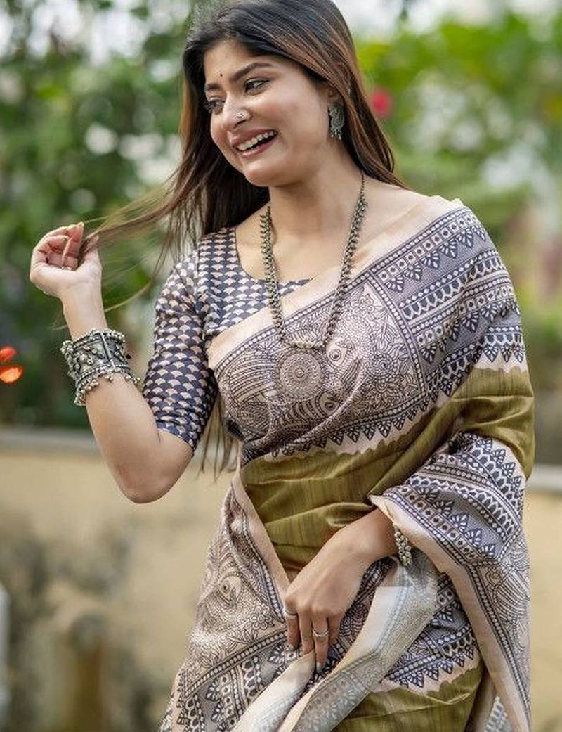 Olive  madhubani olive sarees