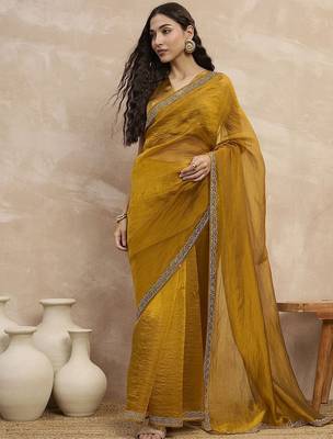 Mustard organza solid with stone work border saree with unstitched blouse piece 1
