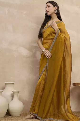 Mustard organza solid with stone work border saree with unstitched blouse piece