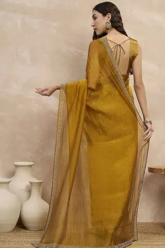 Mustard organza solid with stone work border saree with unstitched blouse piece
