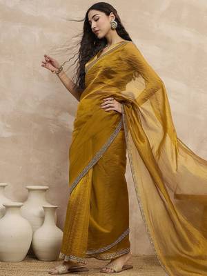 Mustard organza solid with stone work border saree with unstitched blouse piece 4