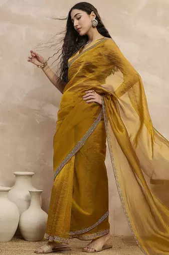 Mustard organza solid with stone work border saree with unstitched blouse piece