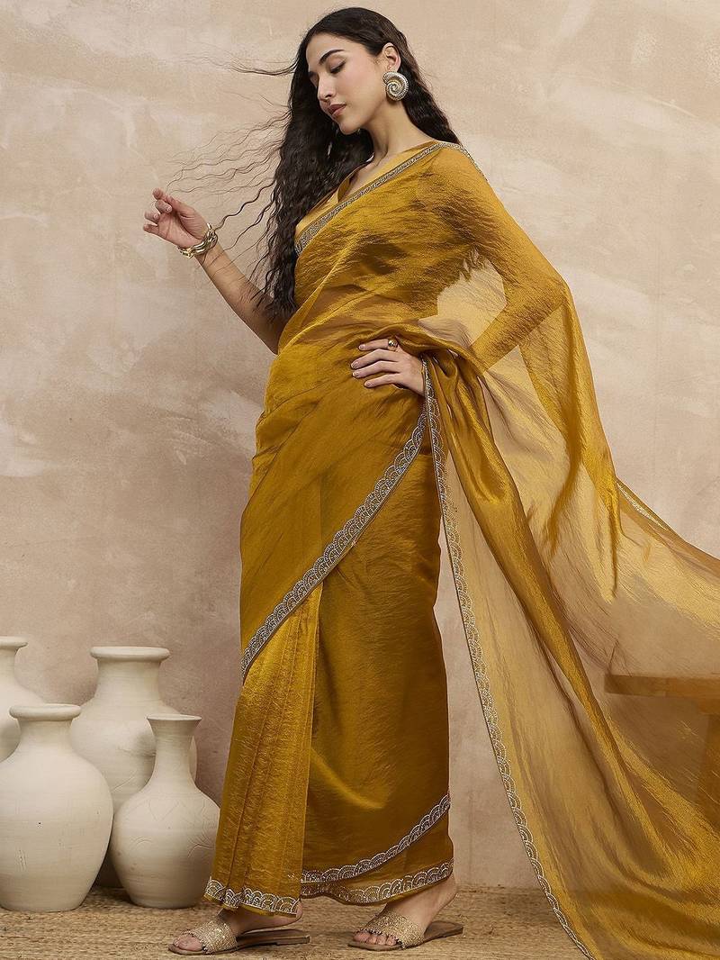 Mustard organza solid with stone work border saree with unstitched blouse piece