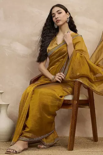 Mustard organza solid with stone work border saree with unstitched blouse piece