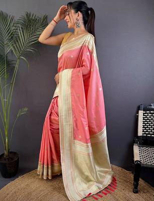 Pink floral zari silk blend designer banarasi saree 1