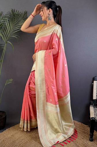 Pink floral zari silk blend designer banarasi saree