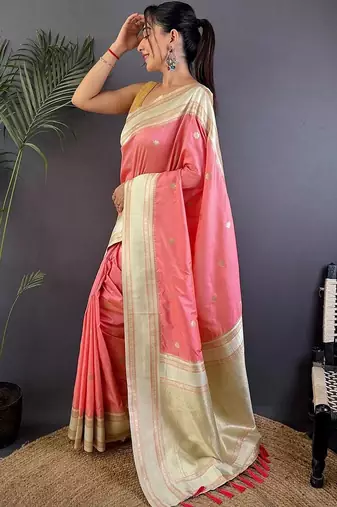 Pink floral zari silk blend designer banarasi saree