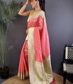 Pink floral zari silk blend designer banarasi saree