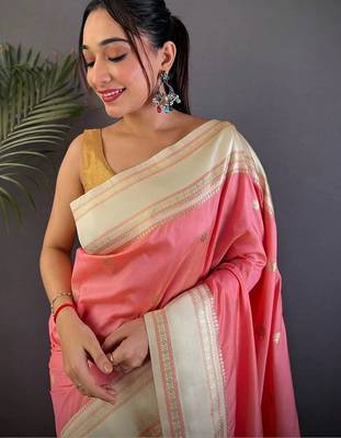 Pink floral zari silk blend designer banarasi saree 2