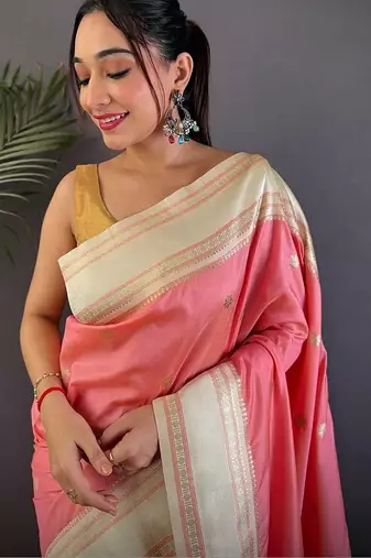 Pink floral zari silk blend designer banarasi saree