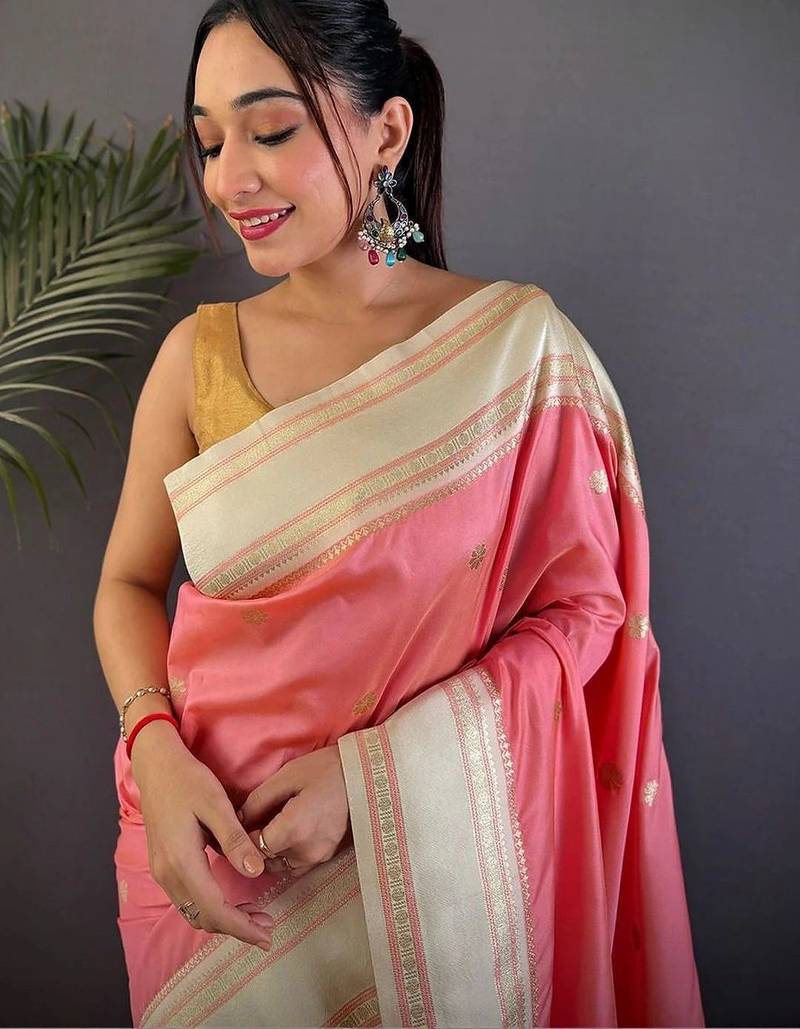Pink floral zari silk blend designer banarasi saree