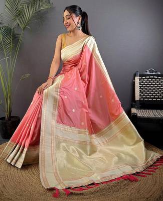 Pink floral zari silk blend designer banarasi saree 3