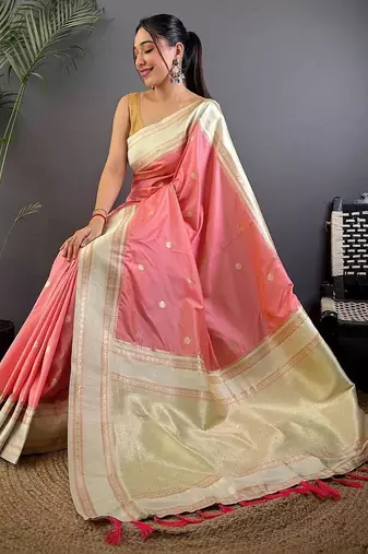 Pink floral zari silk blend designer banarasi saree