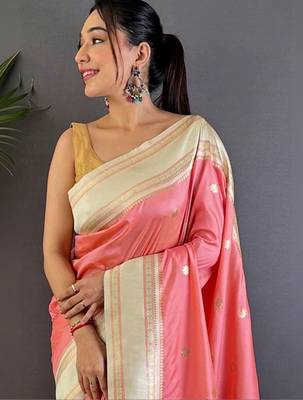 Pink floral zari silk blend designer banarasi saree 4