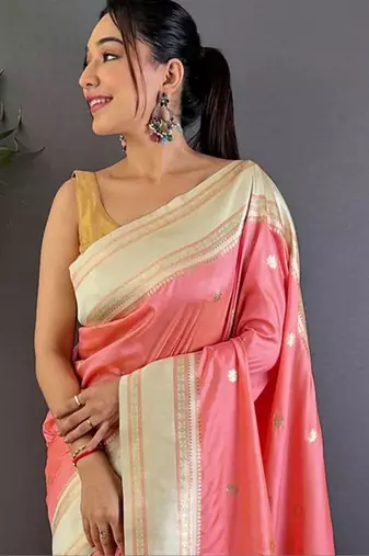 Pink floral zari silk blend designer banarasi saree