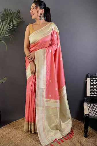 Pink floral zari silk blend designer banarasi saree
