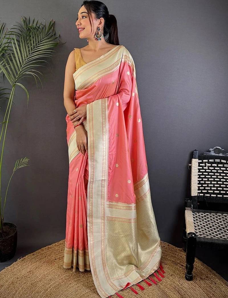 Pink floral zari silk blend designer banarasi saree