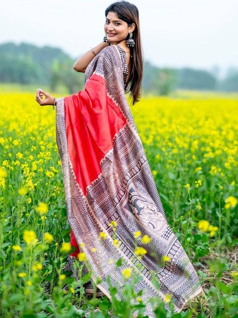 Red  madhubani red sarees