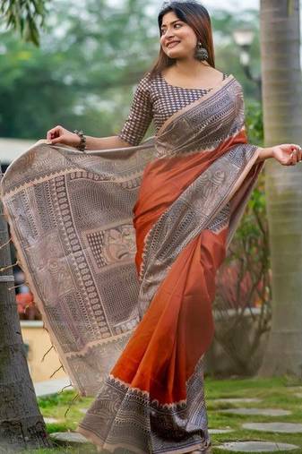 Rust  madhubani orange sarees
