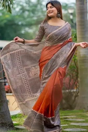 Rust  madhubani orange sarees