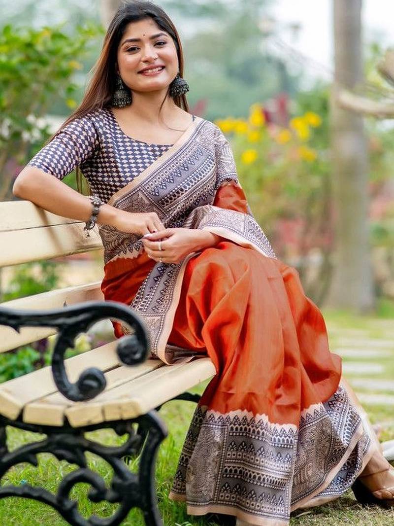 Rust  madhubani orange sarees