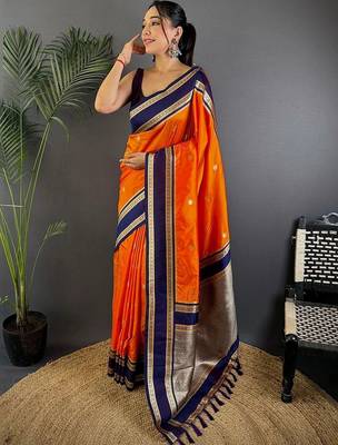 Orange floral zari silk blend designer banarasi saree 1