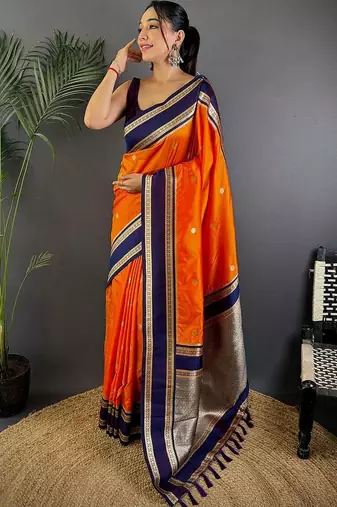 Orange floral zari silk blend designer banarasi saree