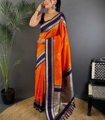 Orange floral zari silk blend designer banarasi saree