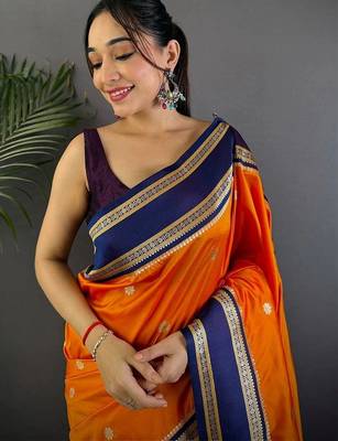 Orange floral zari silk blend designer banarasi saree 2