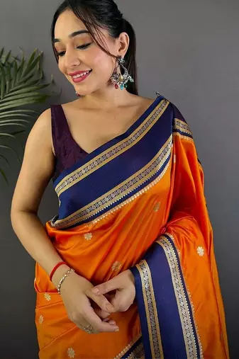 Orange floral zari silk blend designer banarasi saree