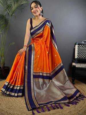 Orange floral zari silk blend designer banarasi saree 3