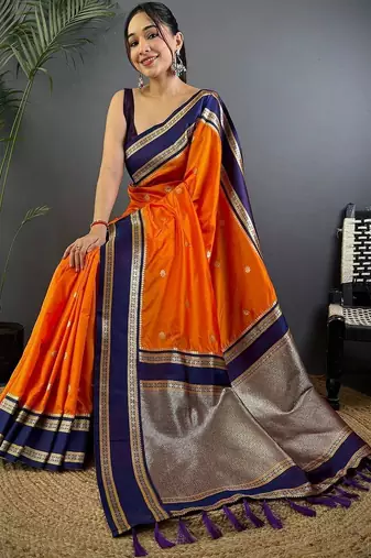 Orange floral zari silk blend designer banarasi saree