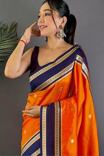 Orange floral zari silk blend designer banarasi saree
