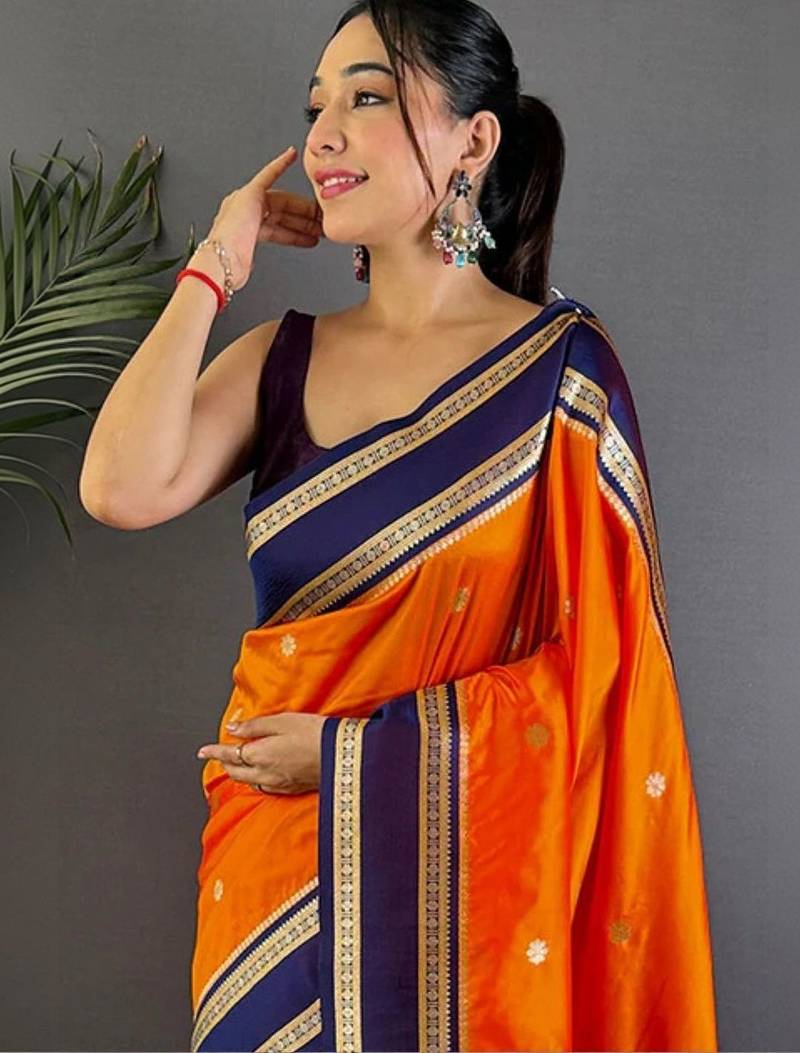 Orange floral zari silk blend designer banarasi saree