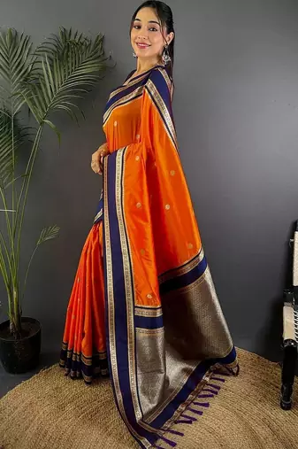 Orange floral zari silk blend designer banarasi saree