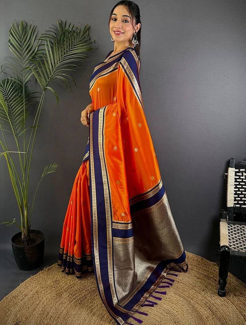 Orange floral zari silk blend designer banarasi saree