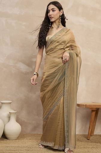 Beige organza designer saree